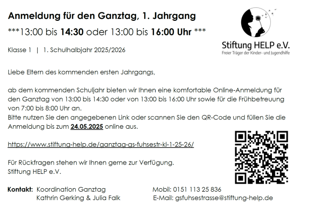 Anmeldung Ganztag QR Code 2025/26 1. Jahrgang